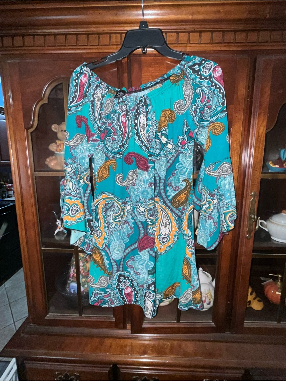 WinWin Women’s S/M Teal Paisley Tie Sleeve Tunic Bell Sleeve Boho Blouse
